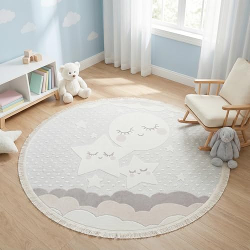 RUGURA Teppich Kinderzimmer Junge Mädchen Kinderteppich Spielteppich Kurzflor 160cm Rund Mond und Sterne