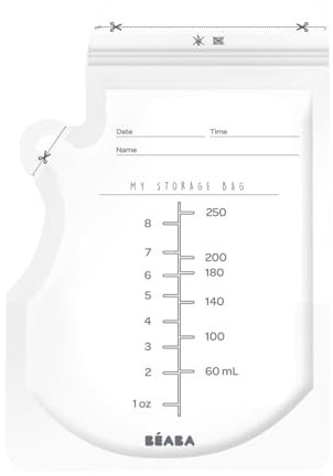 BÉABA, Lot 50 Sachets de conservation pour lait maternel, 250ml, Pré Stérilisé, Congelation, Graduation, Hermetique, Etiquetage, 250ml