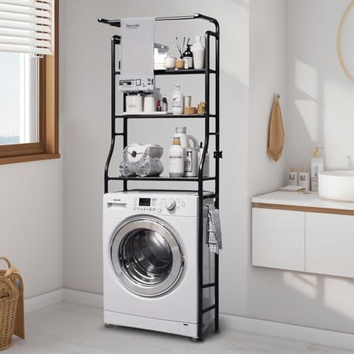YENTAKE Toilettenregal,Badezimmer Platzsparer, über dem Waschmaschinenregal mit 3 Haken, 3 Regal Badezimmer Eckständer Aufbewahrungsorganisator, mit Hängestange, Badezimmer Turm Regal(Schwarz)