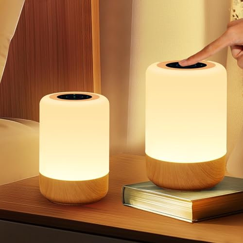 Dorifun LED Nachttischlampe Touch Dimmbar 2er Set, Tischlampe Kabellos USB Aufladbar mit RGB Farbwechsel, Holzmaserung Nachtlicht Kinder Stilllicht Dimmbar mit 4 Timer für Schlafzimmer Kinderzimmer