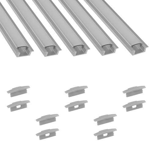 5x A25 LED Aluprofil Komplettset Silber inkl. Abdeckung Endkappen 2m opal | Komplettset für geschützte LED-Streifen mit Profil , Abdeckung opal, für LED-Streifen