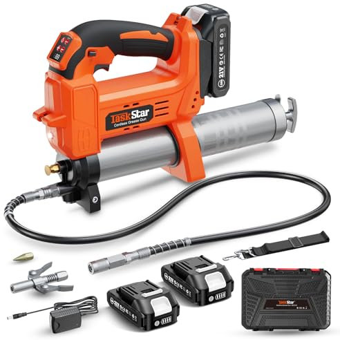 TaskStar Pompe à Graisse électrique: Pompe a Graisse Améliorée avec Contrôle Automatique du Volume de Graisse, 2 Batteries, 3 Coupleurs - Efficace pour Les Tracteurs, Les Camions et Les Machines