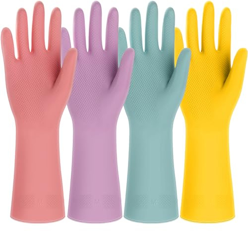 Likealot 4 Pairs Rubber Kitchen Dishwashing Gloves - Colorful Reusable Household Cleaning Gloves Outdoor Chores for Women & Men (Medium)