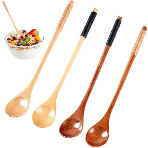 Yuiturt 4 Cuillères en Bois Naturel, Lot de Cuillères Multifonctionnelles Long Manche, Pour Café, Thé, Miel, Soupe et Confiture, Ustensiles de Cuisine Écologiques avec Poignée Antidérapante