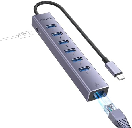 Getatek 8 In 1 USB Hub mit 6 USB 3.0, 1000M-Ethernet, USB-C 5V Adapter für Hub, Laptop USB Splitter auf RJ45 Gigabit LAN Netzwerkadapter für MacBook, Surface Pro, Windows (Hellgrau 20 cm)