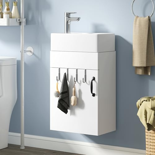 YITAHOME Mobile da bagno, mobiletto con porta, lavabo con lavabo, mobiletto con 2 ganci, per bagno, cucina, bianco, rubinetto non incluso