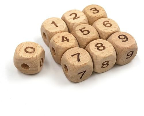XHYXWN 100 Stück 12 mm quadratische Holz-Abstandsperlen, natürliche Holzperlen, Zahlen 0–9, für handgewebte Armbänder, Halsketten, Bastelzubehör