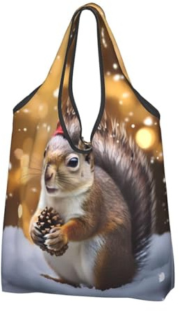 CHANGLEI Wiederverwendbare faltbare Einkaufstasche mit Weihnachts-Eichhörnchen, mit Allover-Druck, wasserdichte Einkaufstasche, kompakte Tragetasche, hält 22,7 kg, umweltfreundlich, maschinenwaschbar