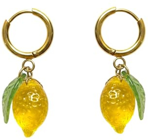 Mädelswelt - Handgemachte Ohrringe creolen aus 18k Gold vergoldeten Edelstahl mit hängenden Zitrone Anhänger (Gold/Transparent)