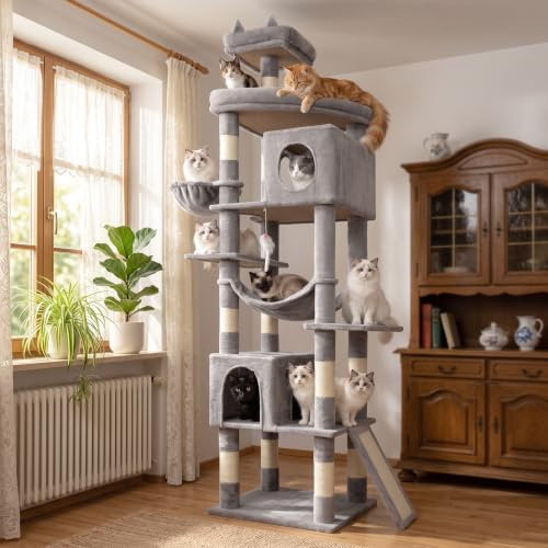 LIKISAK Cat Tree, 213cm Tall Cat Tower for Indoor Cats, Large Cats | Multi-Level Cat Tree Tower with 11 Sisal Scratching Posts, 2 Spacious Condos, Hammock, Scratching Ramp, Top Perches Grey