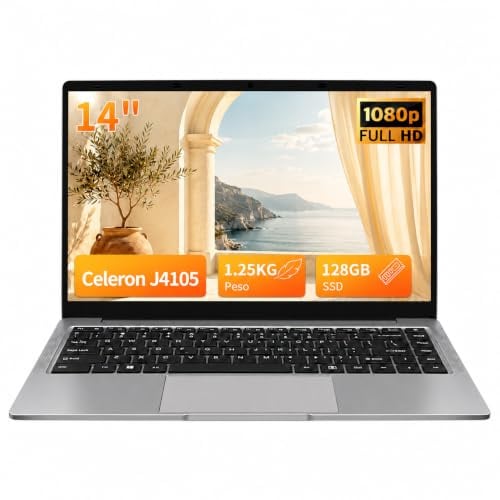 LONGEVINCE PC Portatile 14 Pollici, Notebook Full HD 1920x1080, Celeron J4105, Win11 pro, Computer Portatile Leggero e Sottile, Tastiera Italiana, Mini HDMI, Mouse Wireless (Grigio, 8GB+128GB)