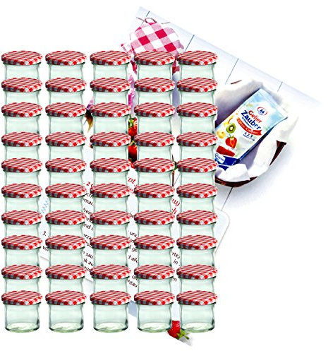 MamboCat - Lot de 50 bocaux en verre incassable - Contenance de 125 ml - Couvercle To66 à carreaux rouges et blancs - Idéals pour confiture Livre de recettes de Diamant-Zucker inclus (français non garanti).