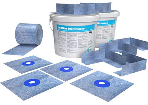 doitBau Badabdichtung-Set für ca. 10m² Abdichtung Bad, Dichtset 4x Dichtecke Innen, 2x Außen 20m Dichtband, 4x Wandmanschette, 10kg Flüssigfolie, Dichtfolie Fliesen Fugenband