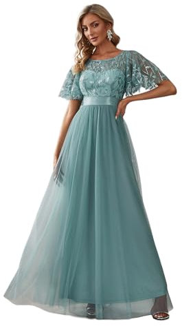 Ever-Pretty Women's Short Sleeve Embroidery Empire Waist A Line Floor Length Elegant Long Evening Gowns Dresses Dusty Blue 14UK