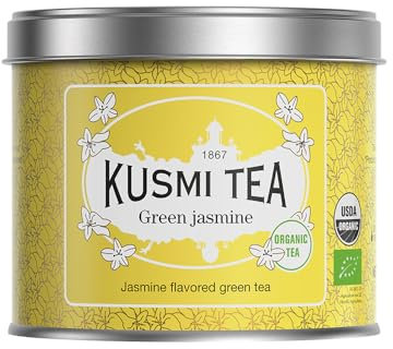 Kusmi Tea - Vert au Jasmin Bio - Mélange Biologique de Thé Vert au Jasmin -Thé Vert Aromatisé - À Déguster Chaud ou en Thé Glacé - Boîte en Métal 90g - Quantité pour environ 50 Tasses