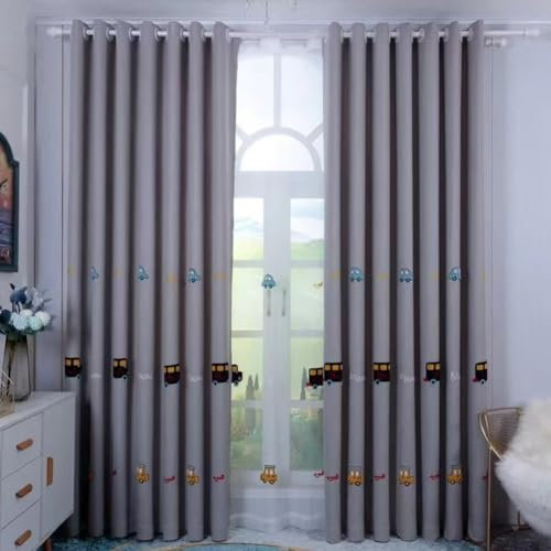 Lsimeru Verdunkelungsvorhäng Kinderzimmer Junge Ösen mit Auto Stickerei Muster,Gardinen Blickdicht 2er Set 140x175 Lang Baby Kinder Fenster Dekoschal