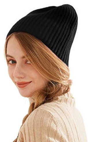 Prettystern RIPP-Strick Schwergewicht Damen Herren 100% Kaschmir-Wolle lässig Beanie Strick-Mütze Schwarz