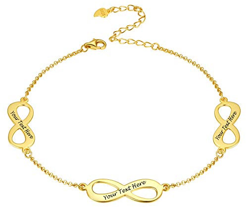 PROSILVER Bracelet de Cheville Femme Argent Personnalisé Chaîne 21+5cm avec 3 Charms Infini Plaqué Or