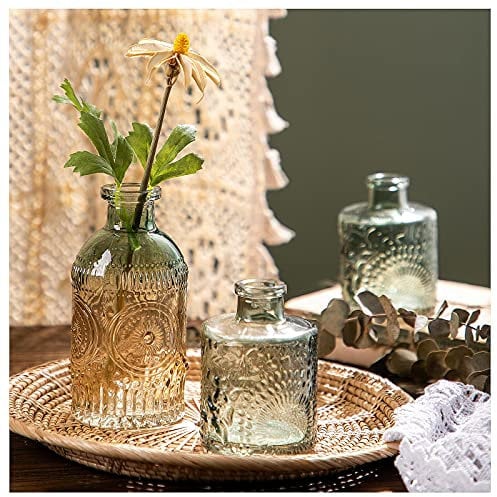WILDMOS Glass Bud Vase Set of 3, Small Flower Vases for Decorative, Gradient Glass and Embossed Style Mini Glass Bottles for Home Decor, Vintage Glass Bottles for Centerpiece 3.3-5.2''H(Green)