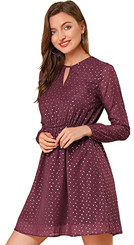 Allegra K Damenkleid mit Kropfband und V-Ausschnitt im Vintage-Stil, Goldfarbene Sternchen mit Metallic-Glanz, A-Linie, Burgunder, X-Groß