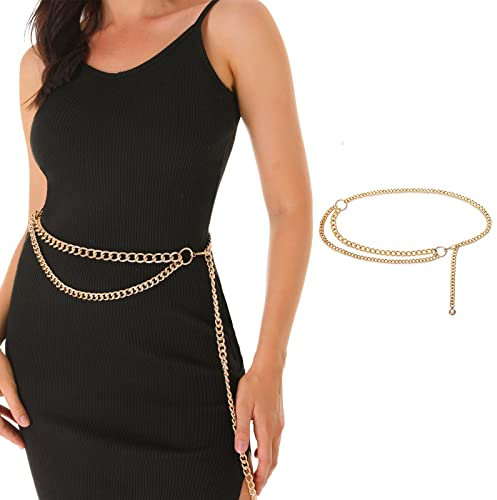 FAN&LOUIS Gold Waist Chain Belt for Women Dresses Metal Link Dangling Cinturones De Mujer, Gold, L:Fits waist size 39- 46