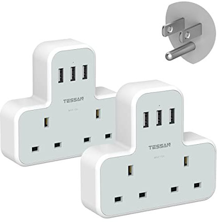 UK to US Plug Adaptor 2 Pack, USA Travel Adapter with 3 USB, TESSAN Grounded Double USA Plug Adapter from UK to US, America, Mexico, Canada, Thailand, Cuba (Type B)