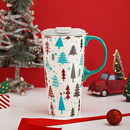 DUSVALLY Tasse à café en céramique avec boîte de 500 ml - Grande tasse à thé en céramique avec poignée et couvercle - 500 ml - Sapin de Noël