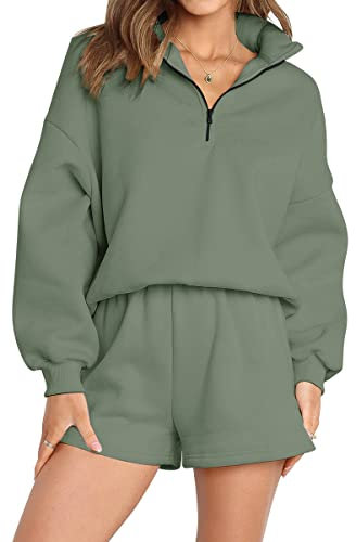 AUTOMET Lounge-Sets für Damen, übergroß, 2-teilig, Workout, Frühlingsoutfits, modisch, 2025, zweiteilig, Pyjama, Shorts, Sweatsuit, Grün , XL