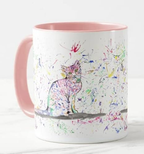 Vixar Kitten Cat Feline Pet Hand Painted Design Watercolour Art Coloured Mug Cup Gift Birthday Work Office Christmas Tea Coffee (Pink)