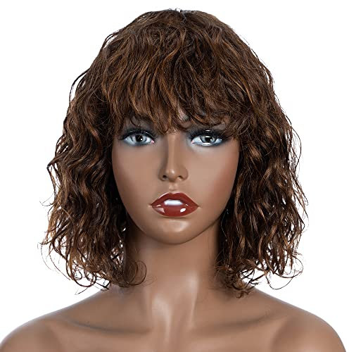FASHION IDOL Bob Curly Echthaar Perücke für Schwarze Frauen 10 Zoll Brasilianisches Reines Echthaar Kurze Tiefes Wasser Gewellte Perücke mit Pony 150% Desity Ombré Weinrot