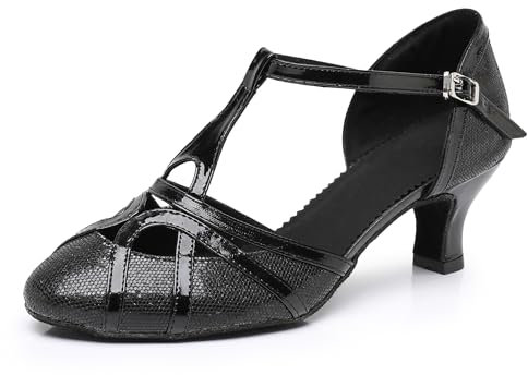 Rosefinch Damen Latein T-Strap Tanzschuhe Geschlossene Zehen Mode Salsa Tango Cha-Cha Ballsaal Performence Tanzschuhe Hochzeit Abend Party Schwarz 5cm Absatz 39 EU
