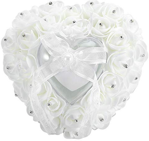 Wnvivi Ringkissen in Herzform, Ringkissen in Herzform, Weiße Spitze, Rose, Schleife, Ringhalter für die Hochzeitszeremonie(Weiss)