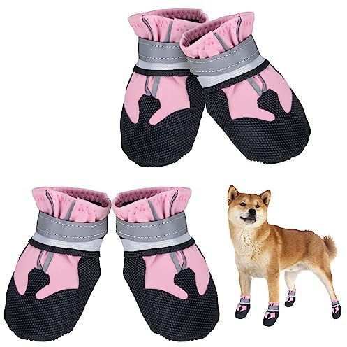 Avvrel Hundeschuhe, 4 Stück Pfotenschutz rutschfeste wasserdichte Stiefel mit Verstellbar Reflektierendem Riemen, Outdoor-Stiefel für Kleine, Mittel- und Groß-Hunde (Rosa, L)