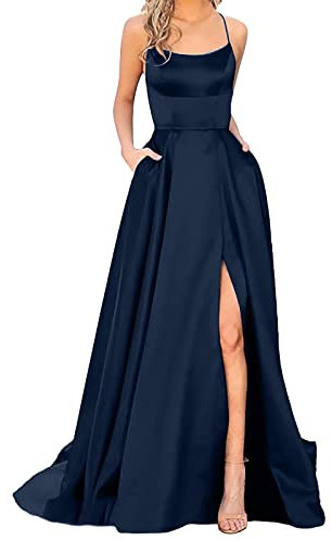 Alecony Abendkleider Elegant für Hochzeit Abschlusskleid Ballkleider Damen Kleider Lang Cocktailkleid A-Linie Satin Spaghetti Party Prom Maxi Dress Schlitz Brautkleid Festkleider mit Taschen