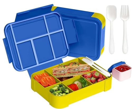 DGHOME Bento Lunch Box 1330ML, Bento Lunch Box Kids and Adults with 5 Compartments and 1 Salad Dressing Containers, Kids Leak Proof Lunch Box with Compartments for School Kindergarten Office (Blue)