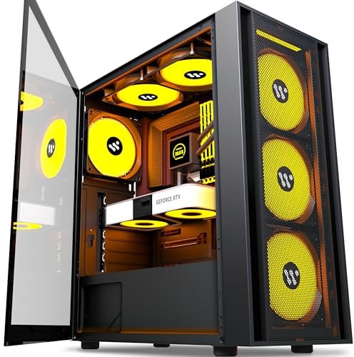 KEDIERS PC-Gehäuse, vorinstalliert, 6 PWM ARGB-Gehäuselüfter, ATX Mid Tower, Gaming-Gehäuse mit Öffnung aus gehärtetem Glas, Seitenteiltür, Netz-Computergehäuse, schwarz