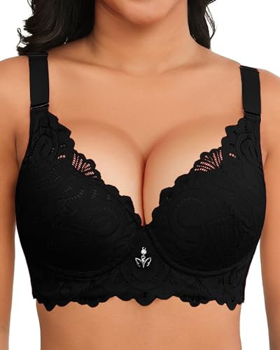 Svmer Push Up Lace Bra for Women Underwire Plus Size Comfortable Brassiere Black 40C