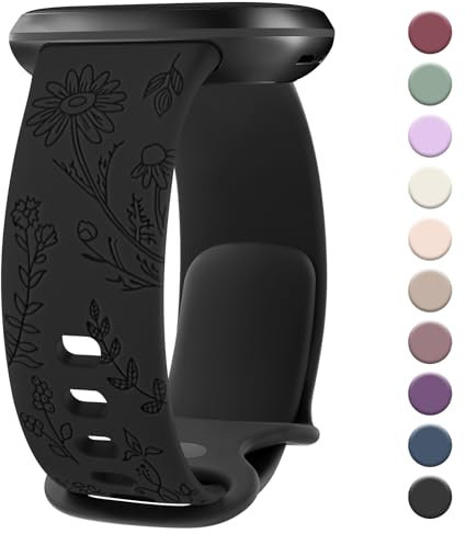 Vancle für Fitbit Versa 3 Armband/Fitbit Versa 4 Armband/Fitbit Sense Armband/Fitbit Sense 2 für Damen Herren, Silikon Armbänder Floral Gravierte Uhrenarmband Sport Ersatzarmband, Schwarz