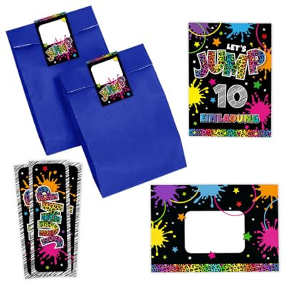 Minkocards 12 Einladungskarten zum 10. Kindergeburtstag Mädchen Jump Trampolin Einladungen zehnte Mädchengeburtstag incl. 12 Umschläge, 12 Partytüten/blau, 12 Aufkleber, 12 Lesezeichen