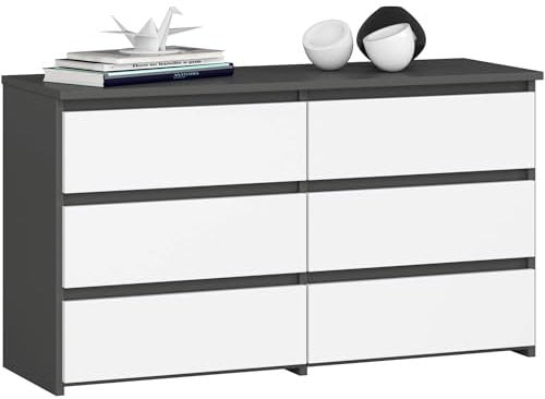 AKORD | Kommode CL-100 mit 6 Schubladen | Komodenschrank | Funktional | Für Wohnzimmer | Für Schlafzimmer | Langlebig | Rollenführung | ABS-Kante 35x100x57cm | Graphitgrau + Weiß Front