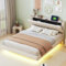 WIZBED Bett 140x200 mit L-E-D und USB, Polsterbett mit Stauraum, Hydraulischer Doppelbett mit Lattenrost und Bettkasten, Jugendbett Stauraumbett Leinenstoff Bettgestell, ohne Matratze Beige