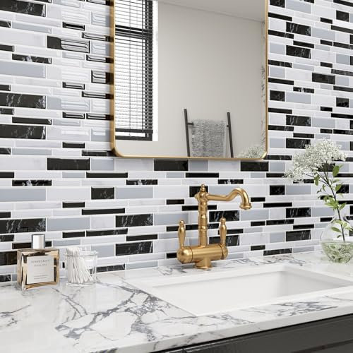 ReWallpaper Self Adhesive Wall Tiles Grey Marble Stick on Tiles Kitchen White and Black Waterproof Bathroom Sink Splashback 3 Sheets Pack 30.5x30.5CM Subway Tile Stickers for Fireplace Surround