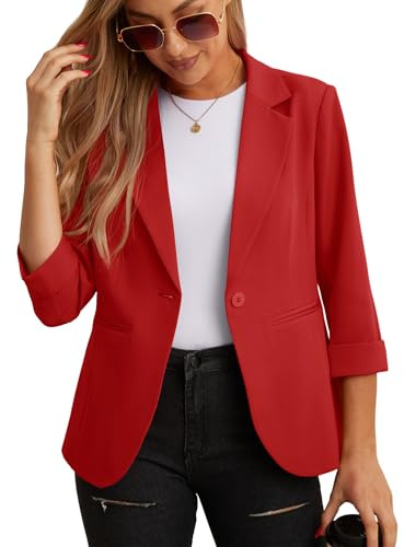 GRECERELLE Blazer élégant à manches 3/4 pour femme - Veste décontractée pour le travail - Blazer de bureau - Veste de costume et blazers avec poches et bouton pour femme, Rouge, 46