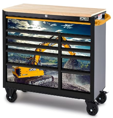 JCB 42’’ Roller Tool Cabinet, 11 Drawers, Steel with Hardwood Worktop and Excavator Wrap