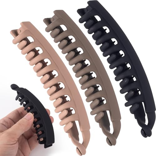 Winsyison 3pcs Banana Hair Clips, Non-Slip Large Hair Claws for Women, Classic Double Combs Hairpin Accessories for Thick Thin Fine Curly Straight Long Short Hairstyles- Black & Light Coffee & Coffee
