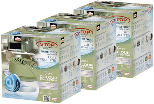 Pattex AERO 360° Kompakt Luftentfeuchter Green Colour Collection, 3x 1 Gerät inkl. 1 Nachfülltab, Raumentfeuchter für effektive Luftzirkulation, Raumluftentfeuchter reduziert Luftfeuchtigkeit