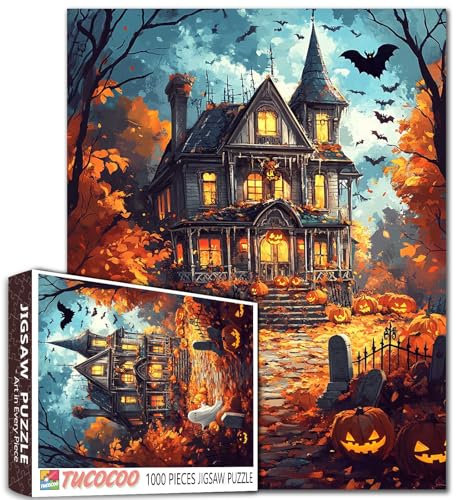 1000 Teile Puzzle für Erwachsene Halloween Gruselschloss Puzzle für Spieleabend Kürbisse Fledermäuse Hexe Halloween Wanddekoration DIY Handwerk 27 x 20 Zoll Gothic