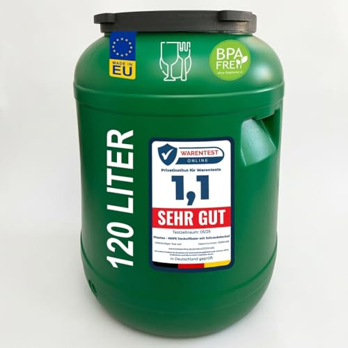 plasteo Weithalsfass Deckelfass lebensmittelecht – stabiles HDPE Universalfass mit Schraubverschluss, für Futter, Lagerung und Transport, grün (120 L Rund)