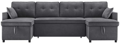 U-Förmiges Modulares Sofa, 3-Sitzer Ecksofa mit Schlaffunktion, Cloud Couch mit Stauraum, Schlafcouch mit Sitzkissen und 2 Kissen, Getränkehalter, Wohnlandschaft(Grau + Baumwoll-Leinen, 4 Sitzplätze)