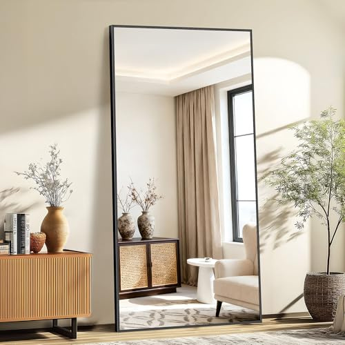 KOCUUY Rechteckig Ganzkörperspiegel, 196 x 96 cm Großer Standspiegel, Groß Wandspiegel mit Schwarz Aluminium Rahmen, Hängend, Stehend, Kippbar, für Wohnzimmer, Schlafzimmer und Flure